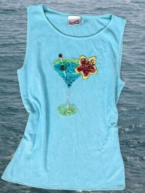 Vintage Y2K Beaded Martini Tank Top ⭐️ Baby Blue Cocktail Tropical Sequin Tank